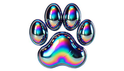 3D chrome element in Y2K style, isolated background, liquid holographic metal. Colorful paw print with a metallic shine, different colors, vibrant.