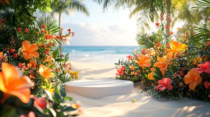Serene Tropical Beach Scene with Colorful Flowers and Palm Trees