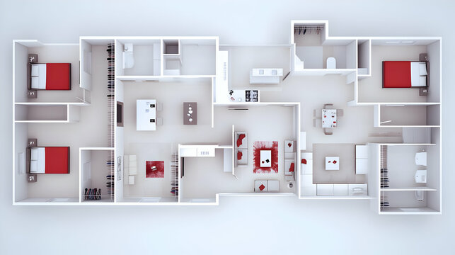 3D Floor Plan Shows Modern Apartment Layout with Furniture and Red Accents