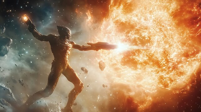 A warrior alien in a cosmic battle, wielding energy weapons with a backdrop of a collapsing star