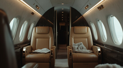 Private Jet Interior with Luxurious Leather Seating and Lighting