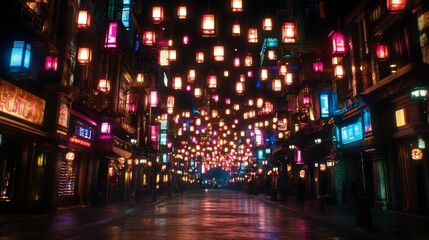 Obraz premium Illuminated Asian Street Night Scene with Lanterns