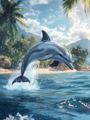 Fototapeta premium Dolphin's Leap of Joy: A playful striped dolphin leaps high above the turquoise ocean, against a backdrop of lush tropical paradise with palm trees and mountains.