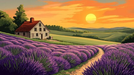 Sunset Serenity in Lavender Fields - Peaceful Countryside Retreat with Rustic Farmhouse
