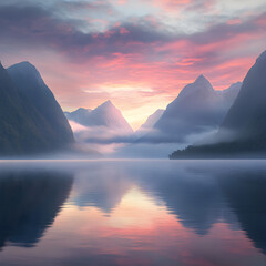 Fototapeta premium Misty Fjord Sunset: Serene landscape of a fjord reflecting a vibrant sunset, mist clinging to the mountains, creating a tranquil and ethereal atmosphere.