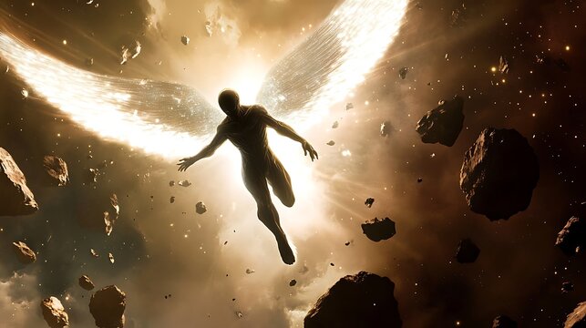 An alien with wings made of light soaring through an asteroid belt with the vast cosmos behind