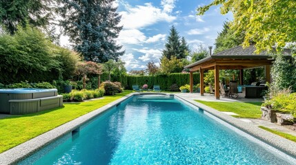 A large pool with a wooden deck and a gazebo