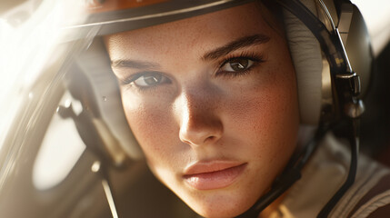 Female Pilot Close Up with Determination and Airplane Window