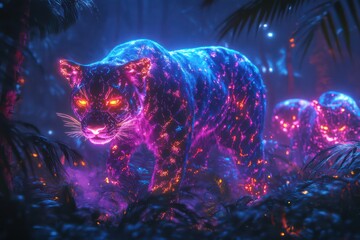 Cybernetic animals in a neon jungle.