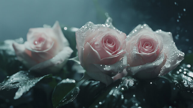 Beautiful Roses with Drops of Water and Dewy Petals Closeup Photography







