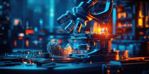 Obraz premium A high-tech microscope in a laboratory setting, illuminated with vibrant colors.