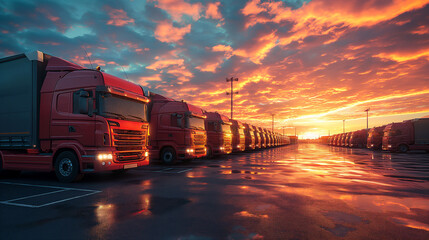 Fototapeta premium Trucks parked in a lot at sunset with vibrant skies and reflections on the pavement. Generative AI