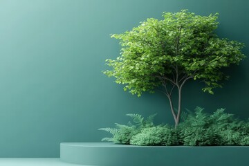 A vibrant green tree stands against a matching wall, surrounded by lush foliage, creating a serene and modern natural aesthetic.