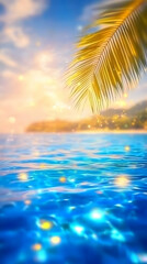 Fototapeta premium Tropical Beach Paradise at Sunset with Palm Leaf and Tranquil Waters