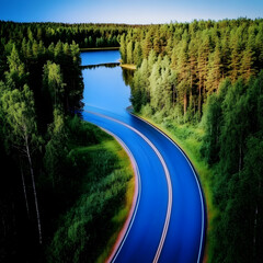 Fototapeta premium Blue Road Winds Through Lush Green Forest beside Tranquil Lake at Sunrise