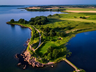 Aerial View Shows a Lush Green Peninsula Extending into a Serene Blue Bay with Picturesque Coastline.