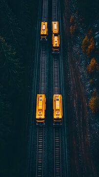 Four Yellow Rail Maintenance Vehicles Travel on Tracks Through a Dark Forest Landscape