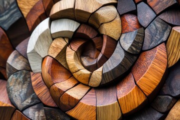 Fototapeta premium Delicate wooden mosaic sculpture, showcasing intricate interlocking patterns and geometric design, natural textures, warm tones.