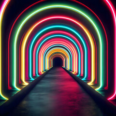 A 3D illustration shows a vibrant tunnel with glowing neon arches leading into darkness, creating a futuristic pathway.