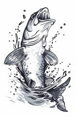 Fototapeta premium Black and White Illustration of Fish Leaping from Water
