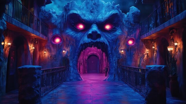 Monster Cave Entrance, Theme Park, Night