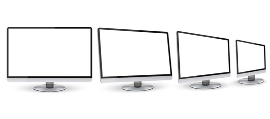 Modern blank computer monitor screen mockup, front view, side view. Screen display from different sides.