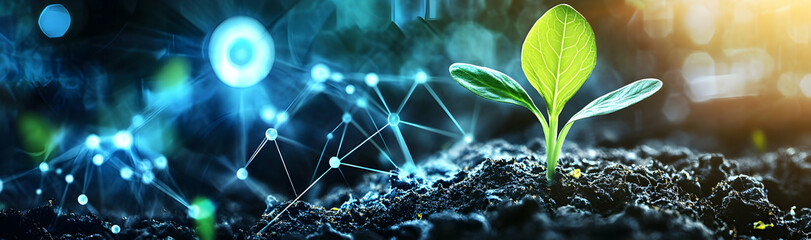 Futuristic agricultural technology banner featuring a young sprout amidst scientific research elements and organic digital designs AI Generated
