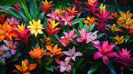 Vibrant Tropical Flowers Bromeliads Lilies and Exotic Blooms in Lush Garden Setting