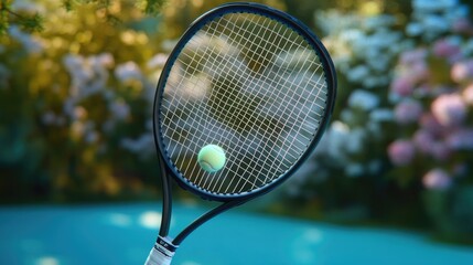 A tennis racket with a ball in motion against a blurred floral background.