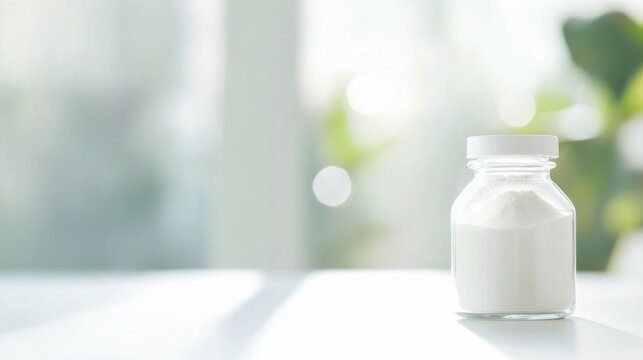 Glass jar filled with collagen placed on a minimalist table, a natural elixir for enhancing skin elasticity, fortifying bones, lubricating joints, and supporting intestinal health.