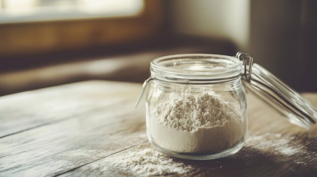 Glass jar filled with collagen placed on a minimalist table, a natural elixir for enhancing skin elasticity, fortifying bones, lubricating joints, and supporting intestinal health.