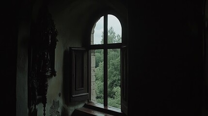 Fototapeta premium A dimly lit window opens to a lush green landscape, creating a serene atmosphere.