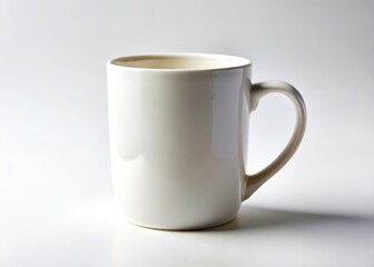 A pristine white ceramic mug, flawlessly photographed against a stark white backdrop.  Clean, simple, and isolated.