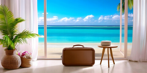 Fototapeta premium Suitcase by Open Door Overlooking Tropical Beach with Palm Plant and Flowers