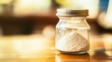 Glass jar filled with collagen placed on a minimalist table, a natural elixir for enhancing skin elasticity, fortifying bones, lubricating joints, and supporting intestinal health.