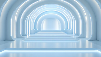 Naklejka premium Futuristic geometric backdrop in soft blue and white tones, perfect for modern presentations AI Generated