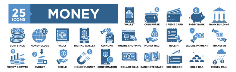 Money icon collection set. Containing design finance, money, business, financial, banking, investment	