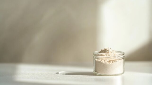 Glass jar filled with collagen placed on a minimalist table, a natural elixir for enhancing skin elasticity, fortifying bones, lubricating joints, and supporting intestinal health.