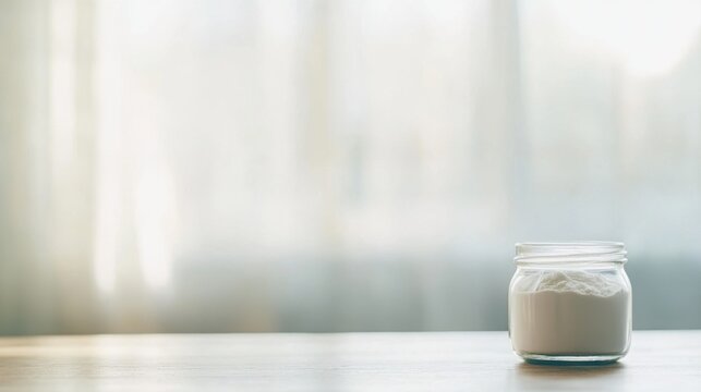 Glass jar filled with collagen placed on a minimalist table, a natural elixir for enhancing skin elasticity, fortifying bones, lubricating joints, and supporting intestinal health.
