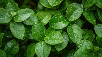 Lush Green Leaves with Water Droplets Nature Background Texture
