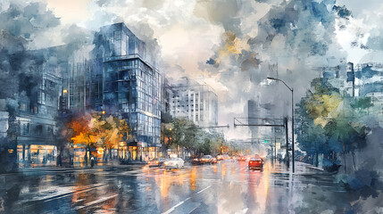 Rainy city streets urban landscape watercolor painting modern architecture atmospheric view urban serenity