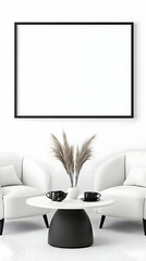 Minimalist Interior Design features two white armchairs, a round coffee table, a blank framed poster mockup on a white wall.