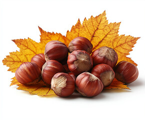Fresh Hazelnuts with Bright Yellow Maple Leaf on White Background &ndash; Perfect Autumn-Themed Food and Nature Concept Image for Seasonal Designs and Promotions