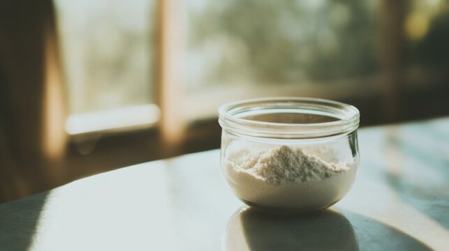 Glass jar filled with collagen placed on a minimalist table, a natural elixir for enhancing skin elasticity, fortifying bones, lubricating joints, and supporting intestinal health.
