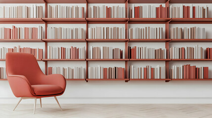 Modern Home Library Interior with Bookshelf and Armchair on Herringbone Parquet Floor