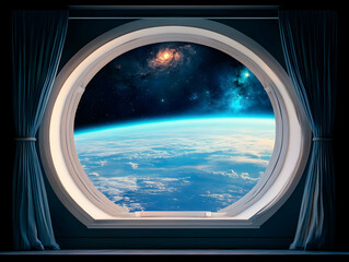 Naklejka premium Oval Window Showcases Earth and Galaxy View with Blue Curtains Elegantly Framing the Cosmic Scene.