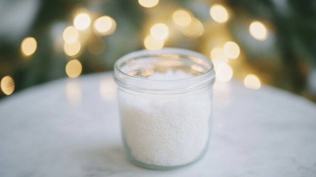 Glass jar filled with collagen placed on a minimalist table, a natural elixir for enhancing skin elasticity, fortifying bones, lubricating joints, and supporting intestinal health.