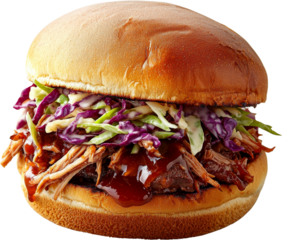 Delicious pulled pork sandwich with cabbage slaw on a white background.