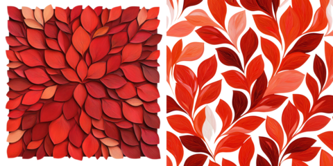 Vibrant red leaf patterns seamlessly repeating to form an abstract floral art Stylized and symmetrical design with botanical elements in warm autumn colors