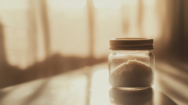 Glass jar filled with collagen placed on a minimalist table, a natural elixir for enhancing skin elasticity, fortifying bones, lubricating joints, and supporting intestinal health.